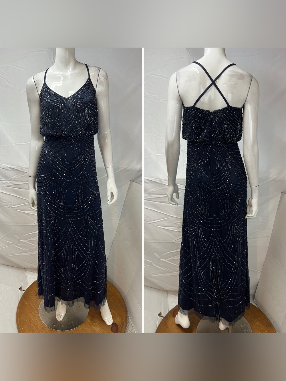 Adrianna Papell Women’s 2 Long Blue Beaded Formal Gown Dress Art Deco Evening - Picture 3 of 10